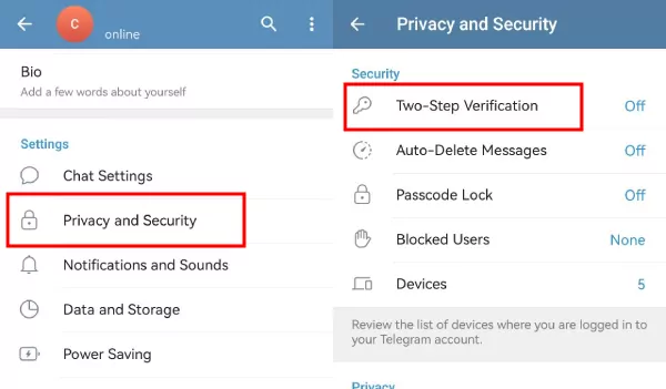 enable two step vertification on Telegram