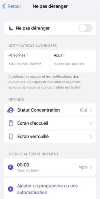 Enlever le mode Ne pas déranger depuis Réglages