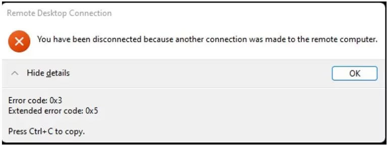 RDP error code 0x3