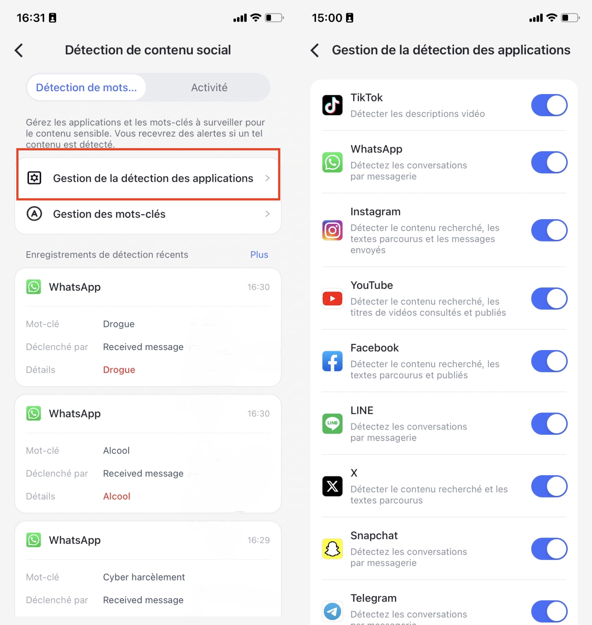 Gestion de la détection des applications