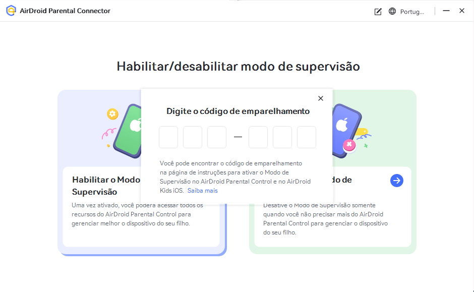 digite o código de emparelhamento