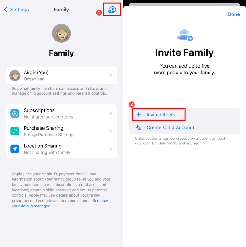 invite others to Apple Family Sharing