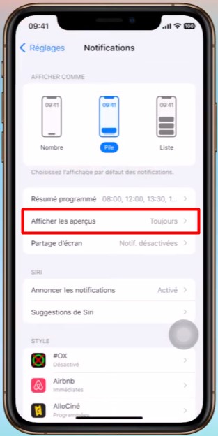 iPhone afficher aperçus notifications