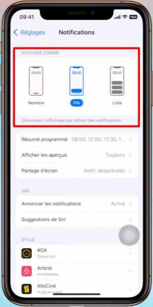 iPhone choisir affichage notifications