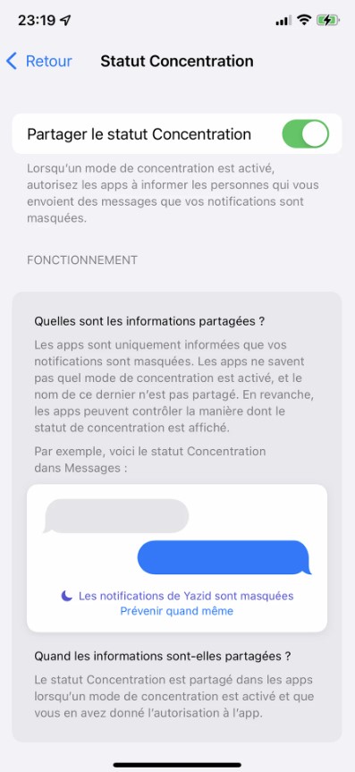 Désactivez Partager le statut Concentration sur iPhone