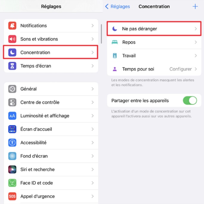 iPhone Réglages Concentration
