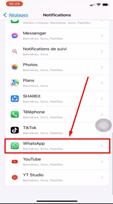 iPhone réglages notifications whatsapp