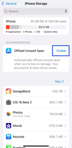 tap Enable beside Offload Unused Apps