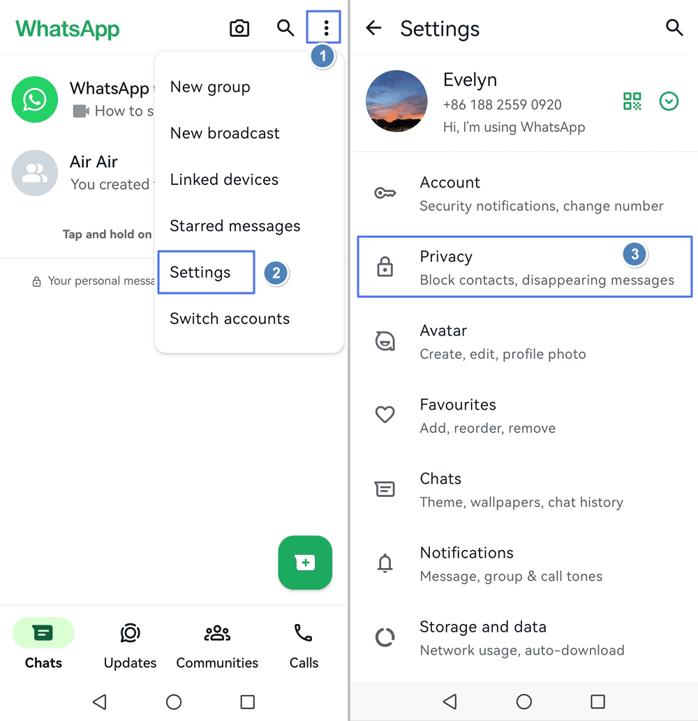 open Privacy settings on WhatsApp Android