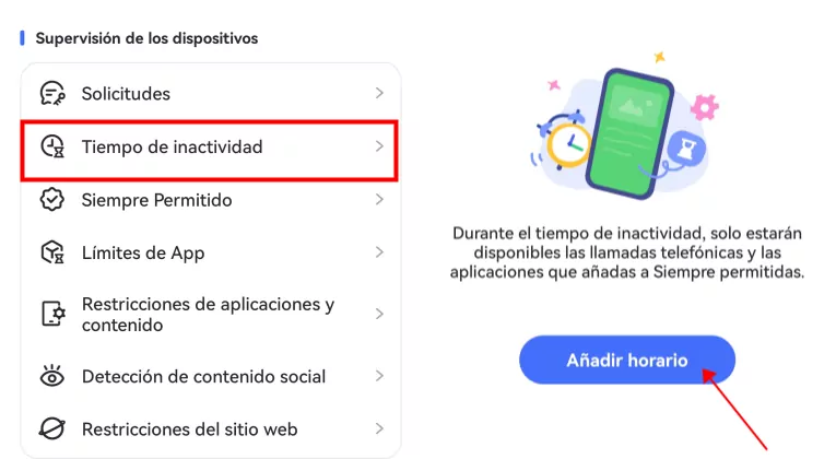 pulsa Añadir Horario en Tiempo de Inactividad para Android