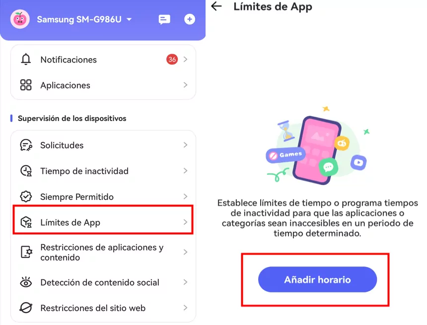 pulsa Añadir Horario en Límites de Aplicaciones para Android