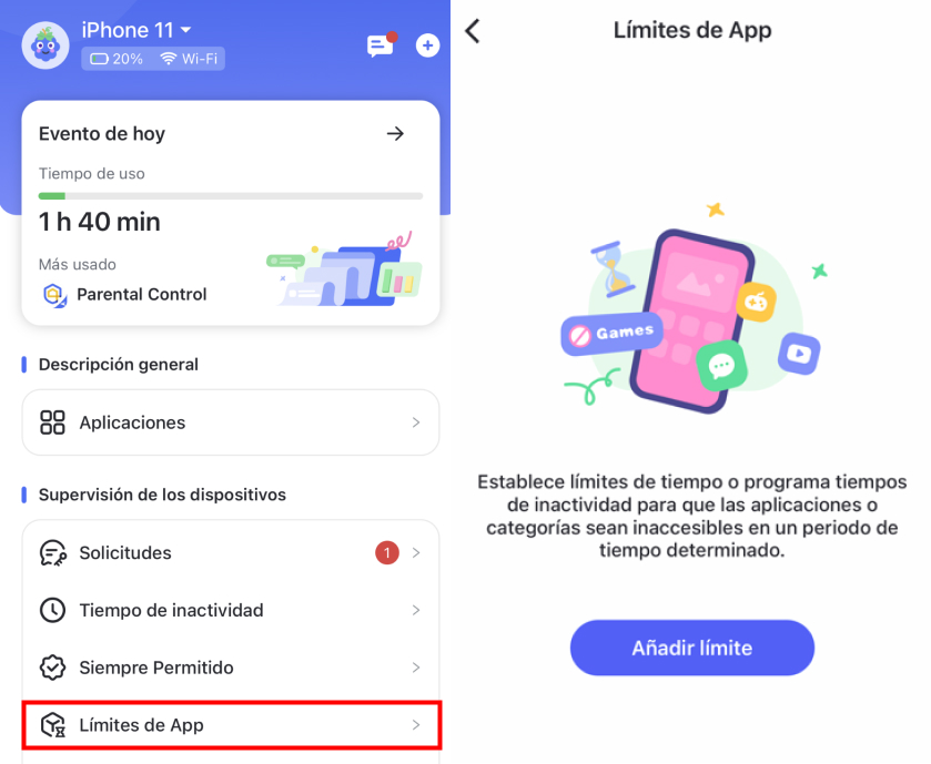 presiona Agregar Horario en Límites de Aplicaciones para iPhone