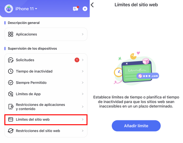 pulsa Añadir Horario en Límites del Sitio Web para iPhone