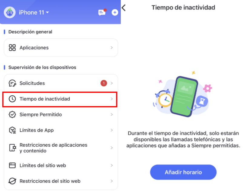 presiona Agregar Horario en Tiempo de Inactividad para iPhone