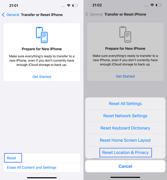 reset Location & Privacy Settings