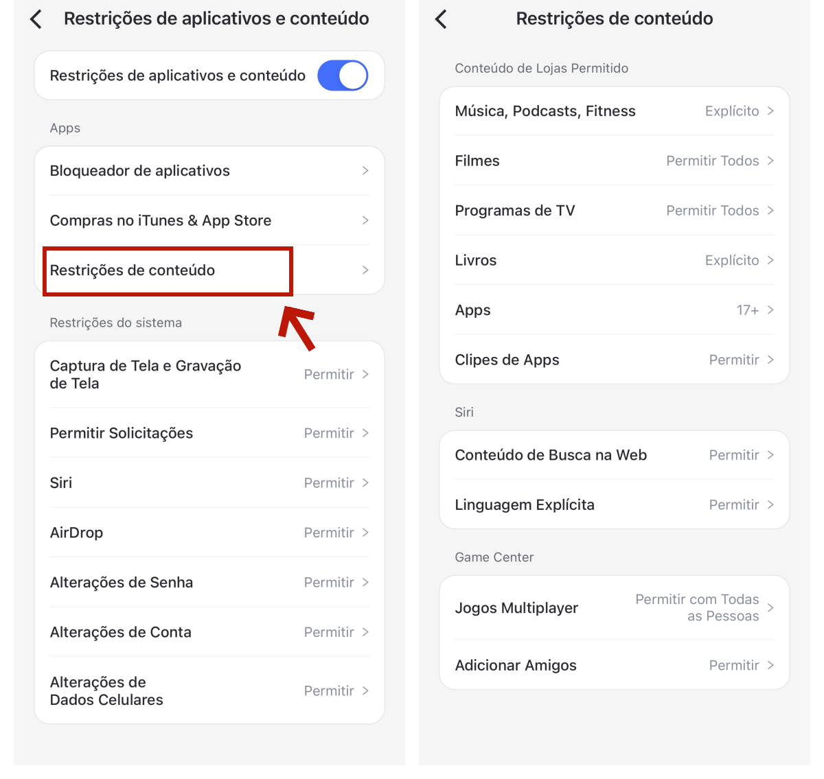 restrições de aplicativos e conteúdo
