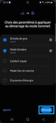 Finaliser configuration mode sommeil Samsung