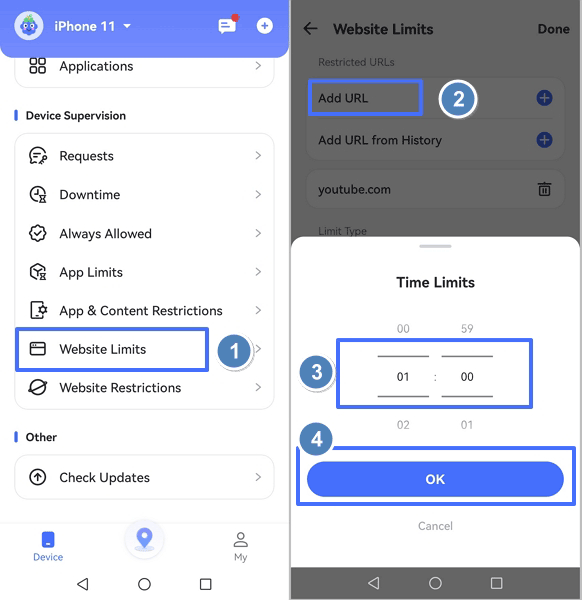 set daily limits for YouTube website with AirDroid