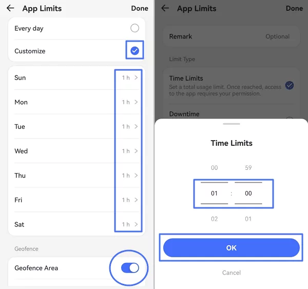 set different limits for app on each day