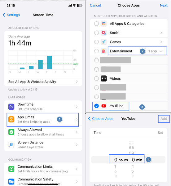 set time limit YouTube with screen time