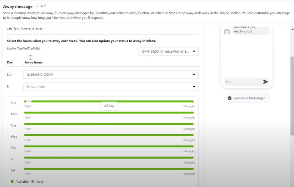 set up Away message for Facebook Messenger
