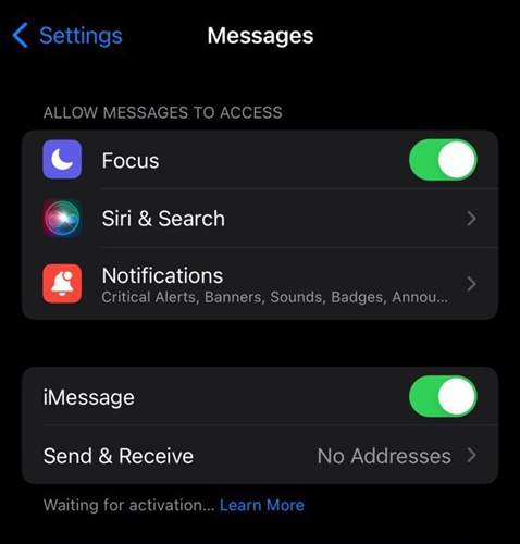 re-enable iMessage