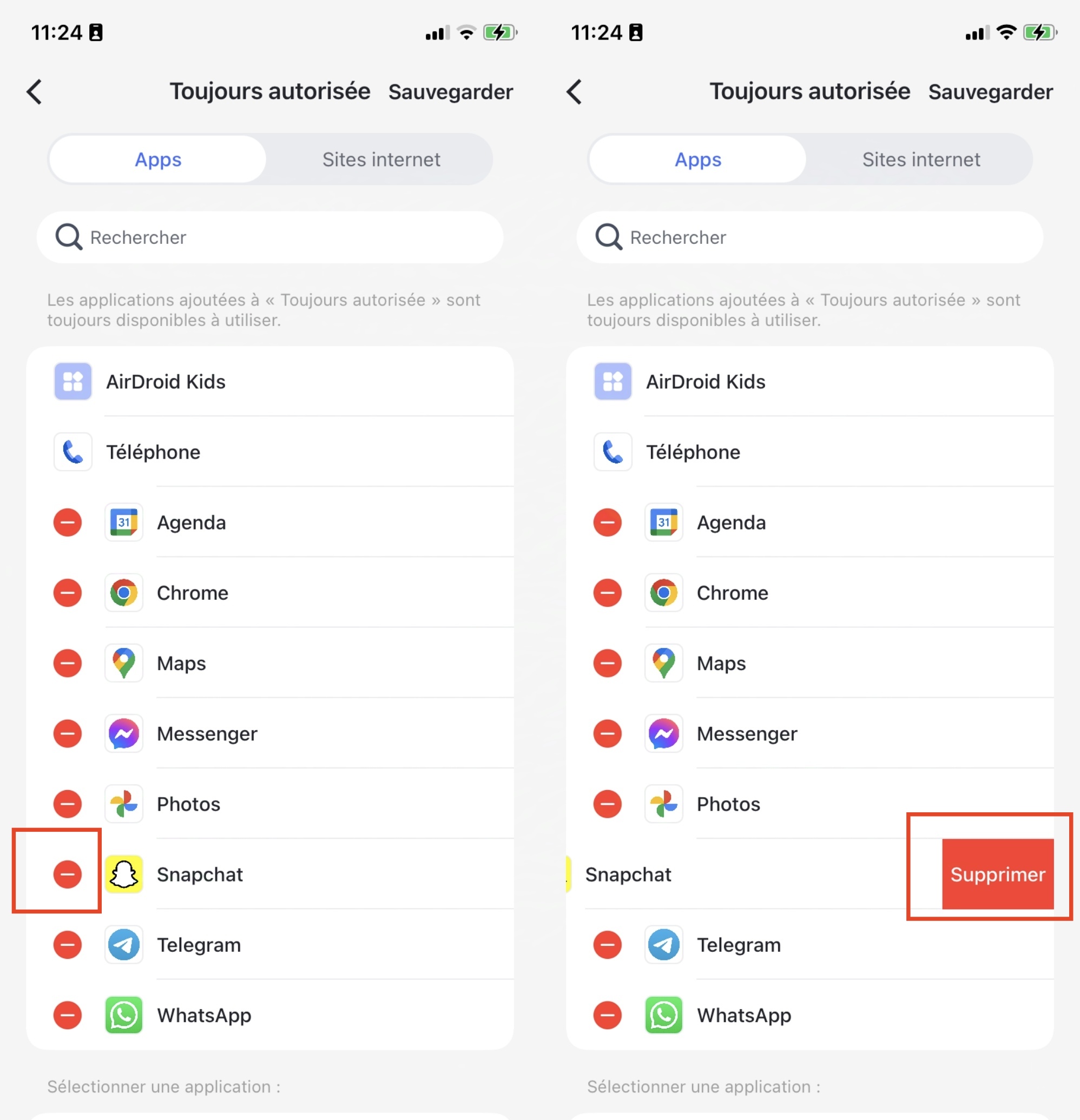 Supprimer des applications de la liste blanche