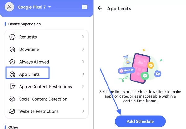 tap Add Schedule in App Limits for Android