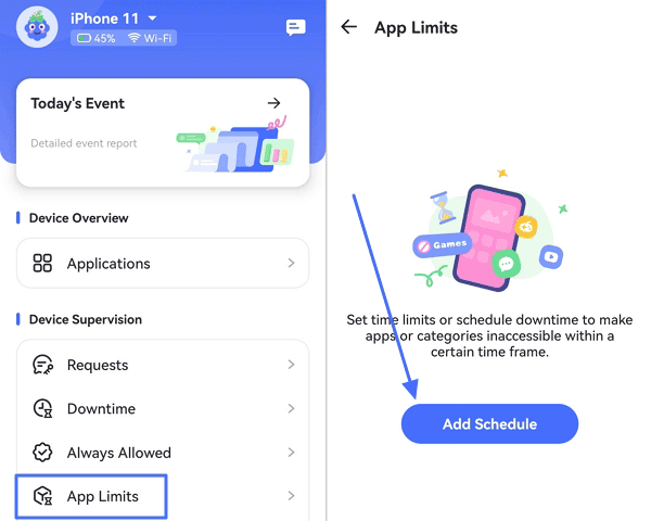 tap Add Schedule in App Limits for iPhone