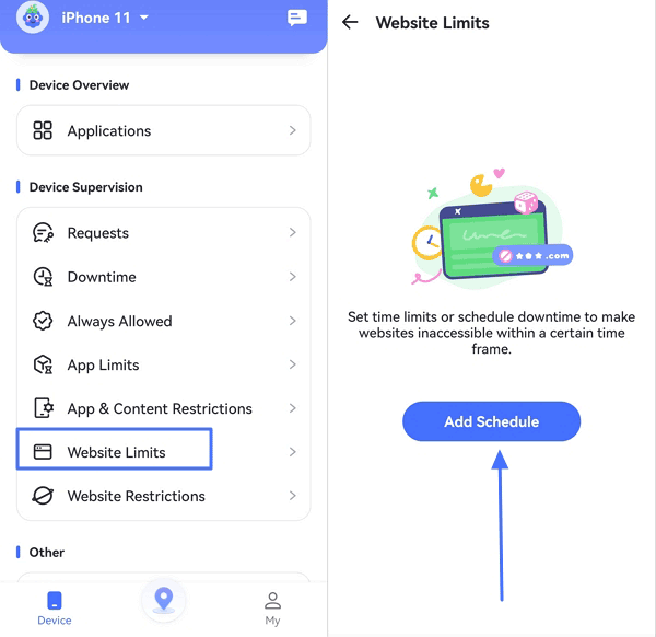 Zeitplan für Website-Limits auf iPhone hinzufügen