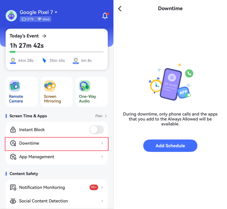 use AirDroid Parental Control schedule apps' downtime
