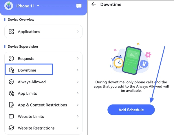 tap Add Schedule on Downtime for iPhone