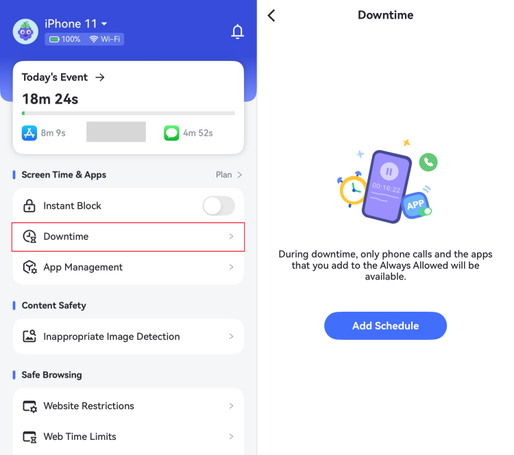 pulsa Añadir horario en Tiempo de inactividad para iPhone