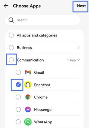 tick apps or categories to limit