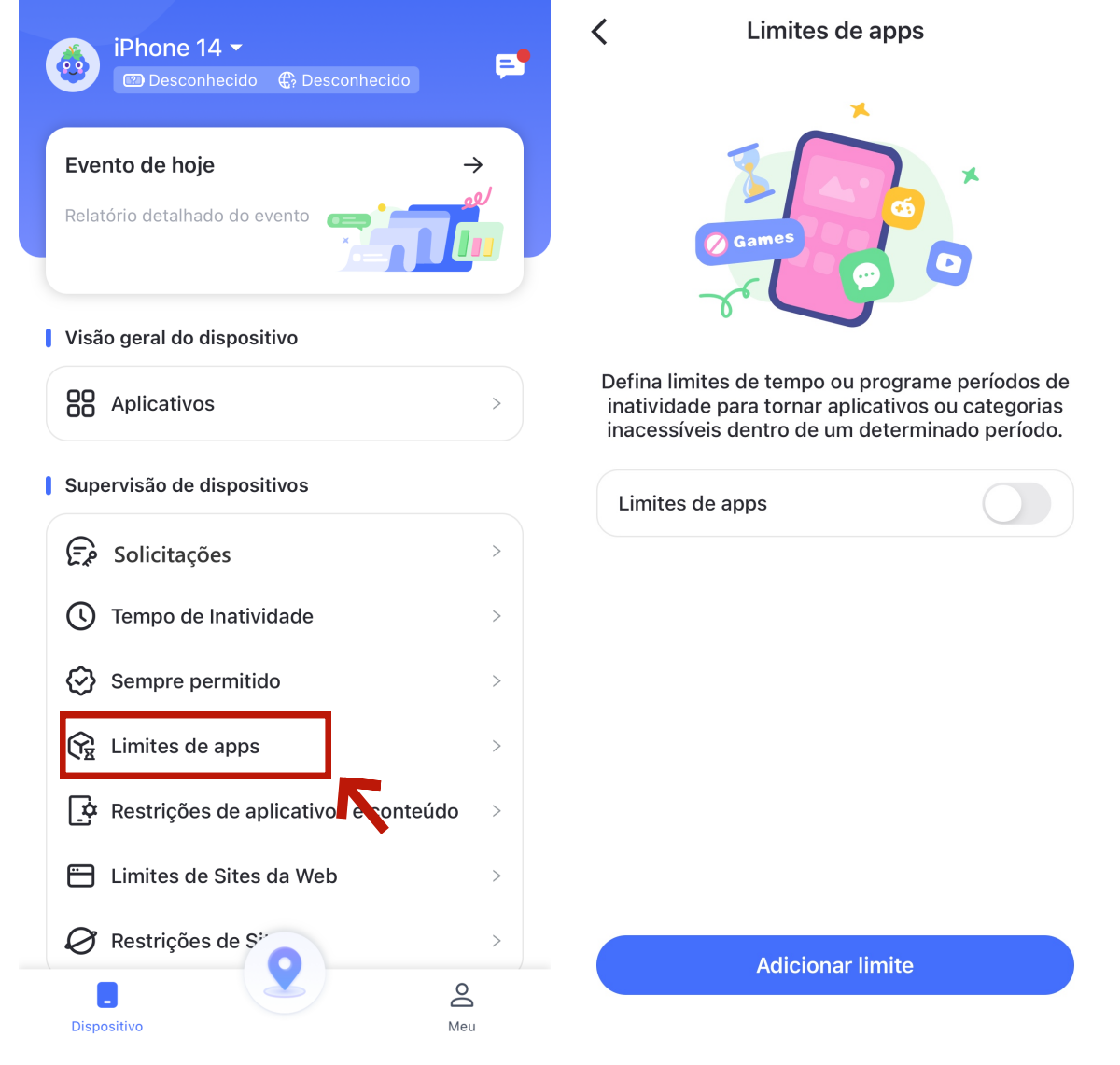 toque em adicionar limite em limites de apps no iphone