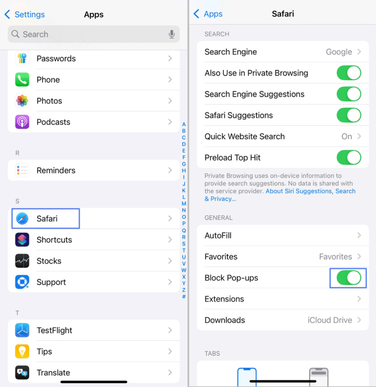 toggle on block Pop-ups for Safari