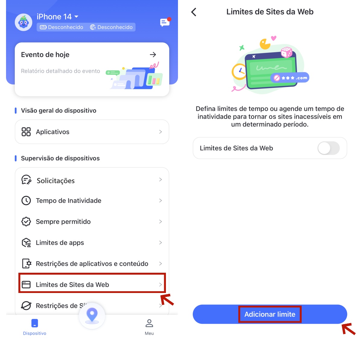 toque em adicionar limite em limites de site no iphone