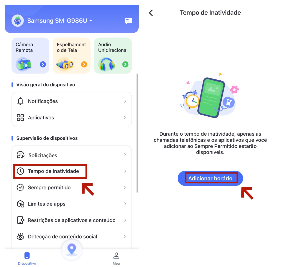 toque em adicionar horário em tempo de inatividade do android