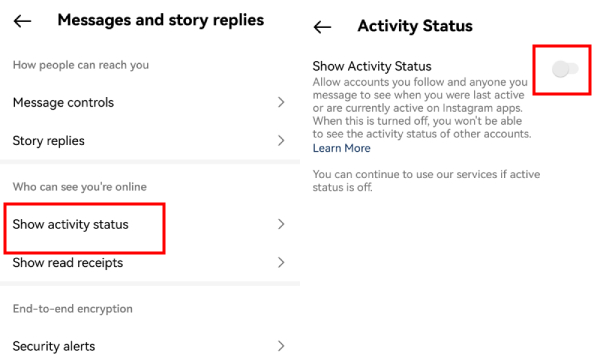 turn off online status on Instagram