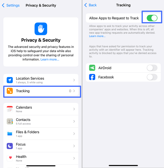 turn off Allow Apps to Request to Track