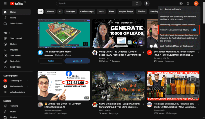 turn off Restricted Mode on YouTube website