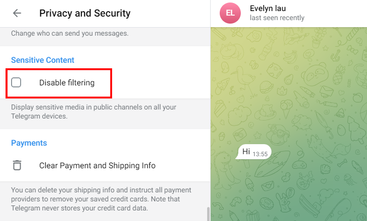 turn off sensitive content on Telegram