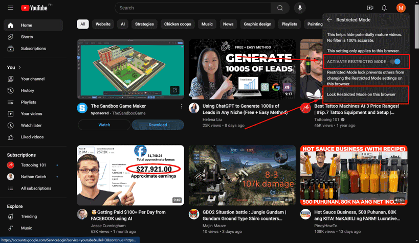 turn on and lock Restricted Mode on YouTube website