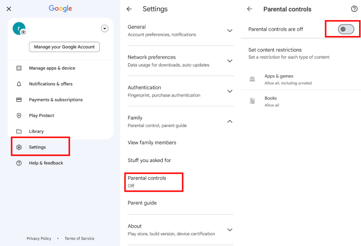 turn on parental controls on Google Play Store