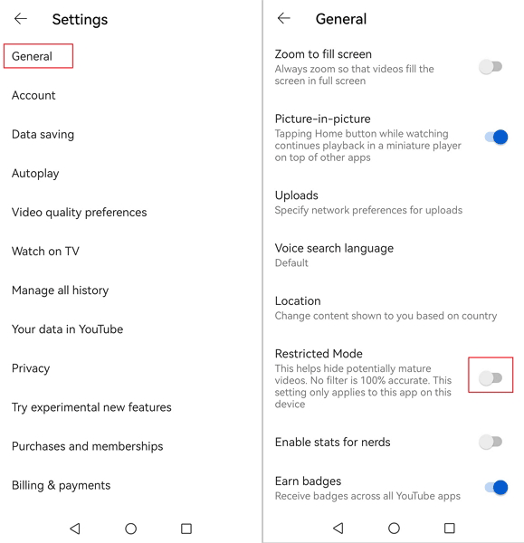 turn on Restricted Mode on YouTube app