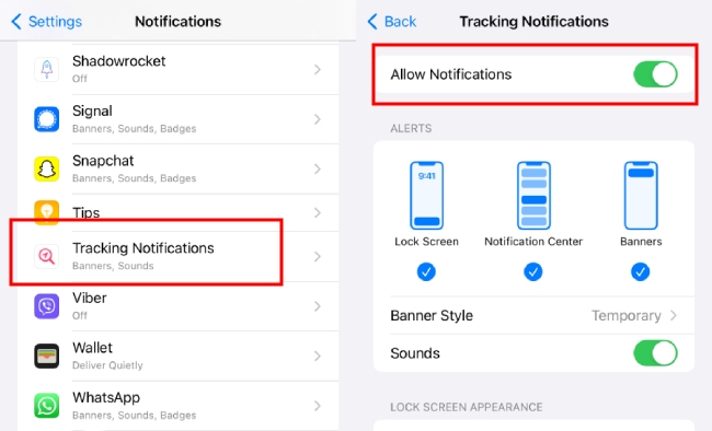 turn on tracking notifications on iPhone