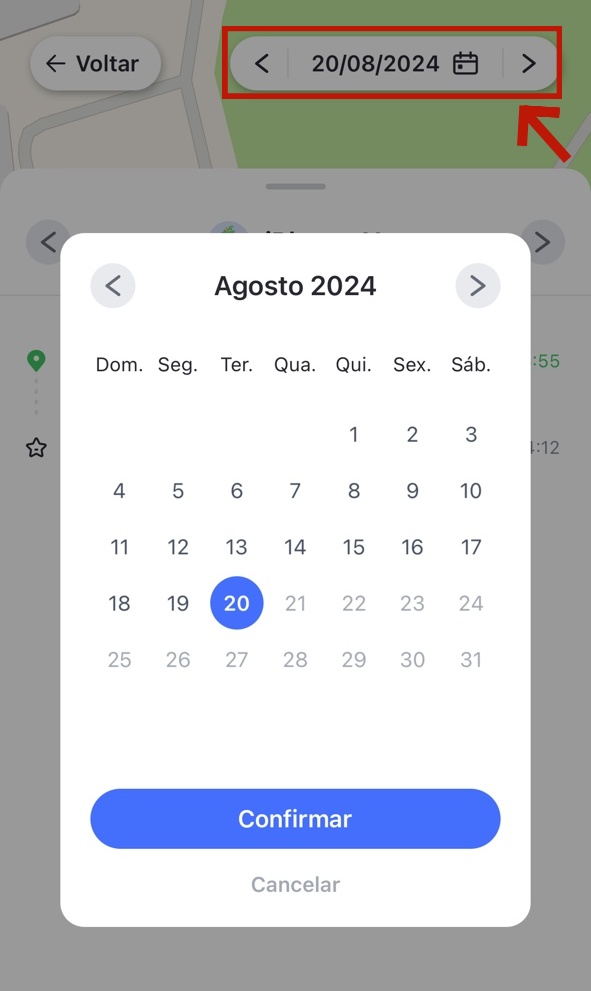 toque no ícone do calendário para ver o histórico de localização