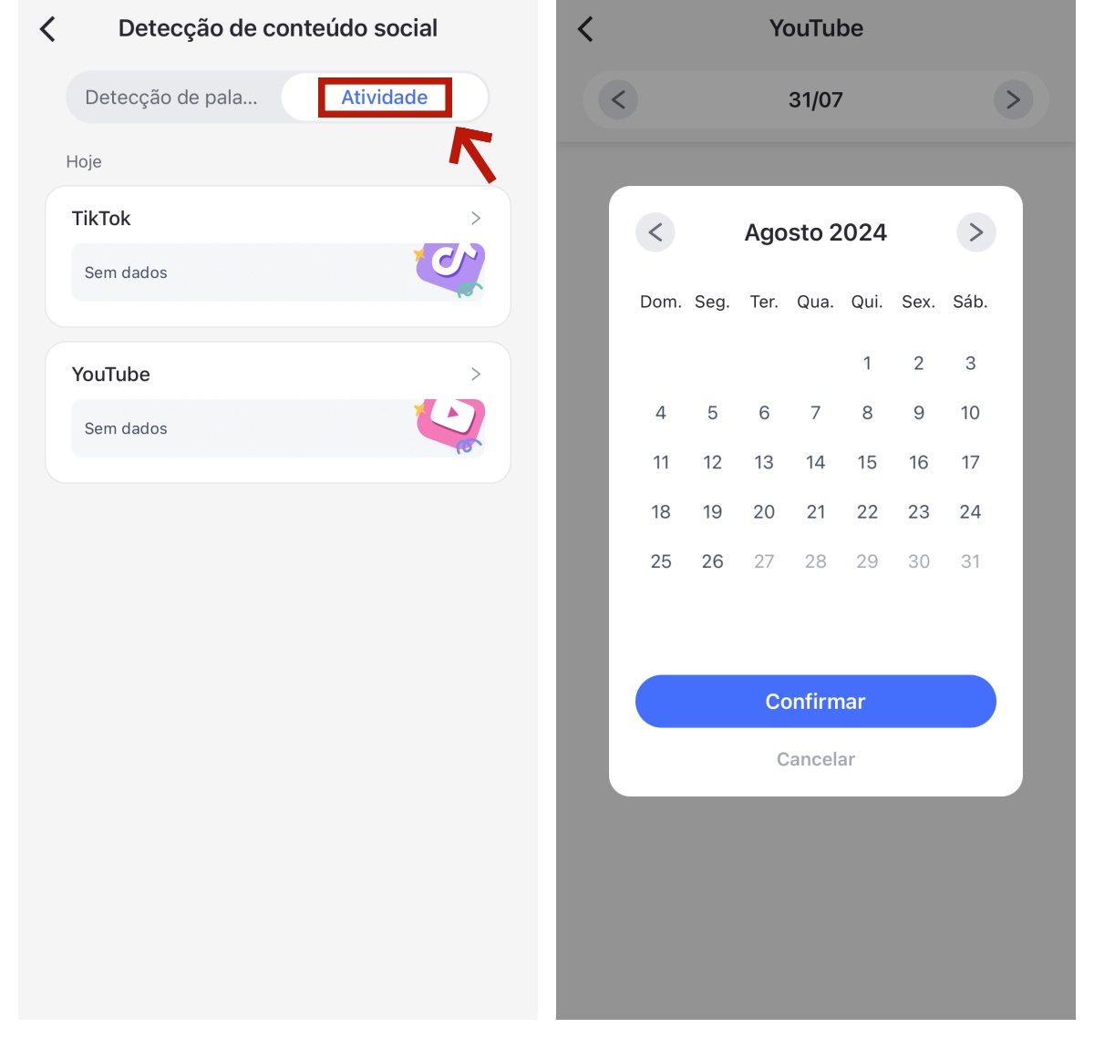 uma verificação das atividades do tiktok e do youtube