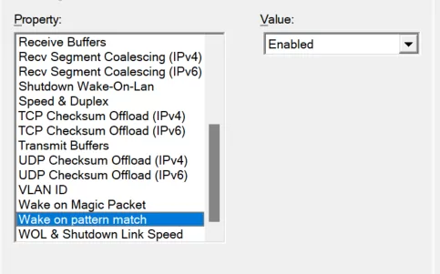 wake on pattern match in properties