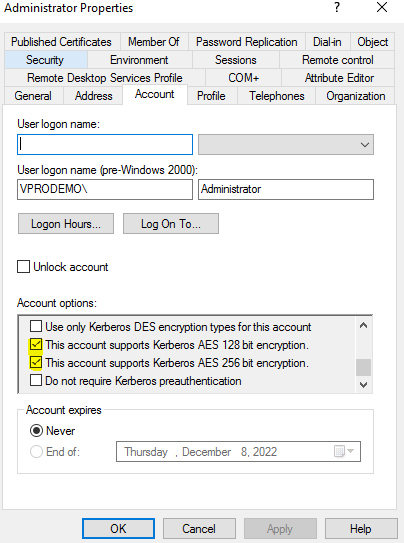 This account supports Kerberos AES 128-bit encryption